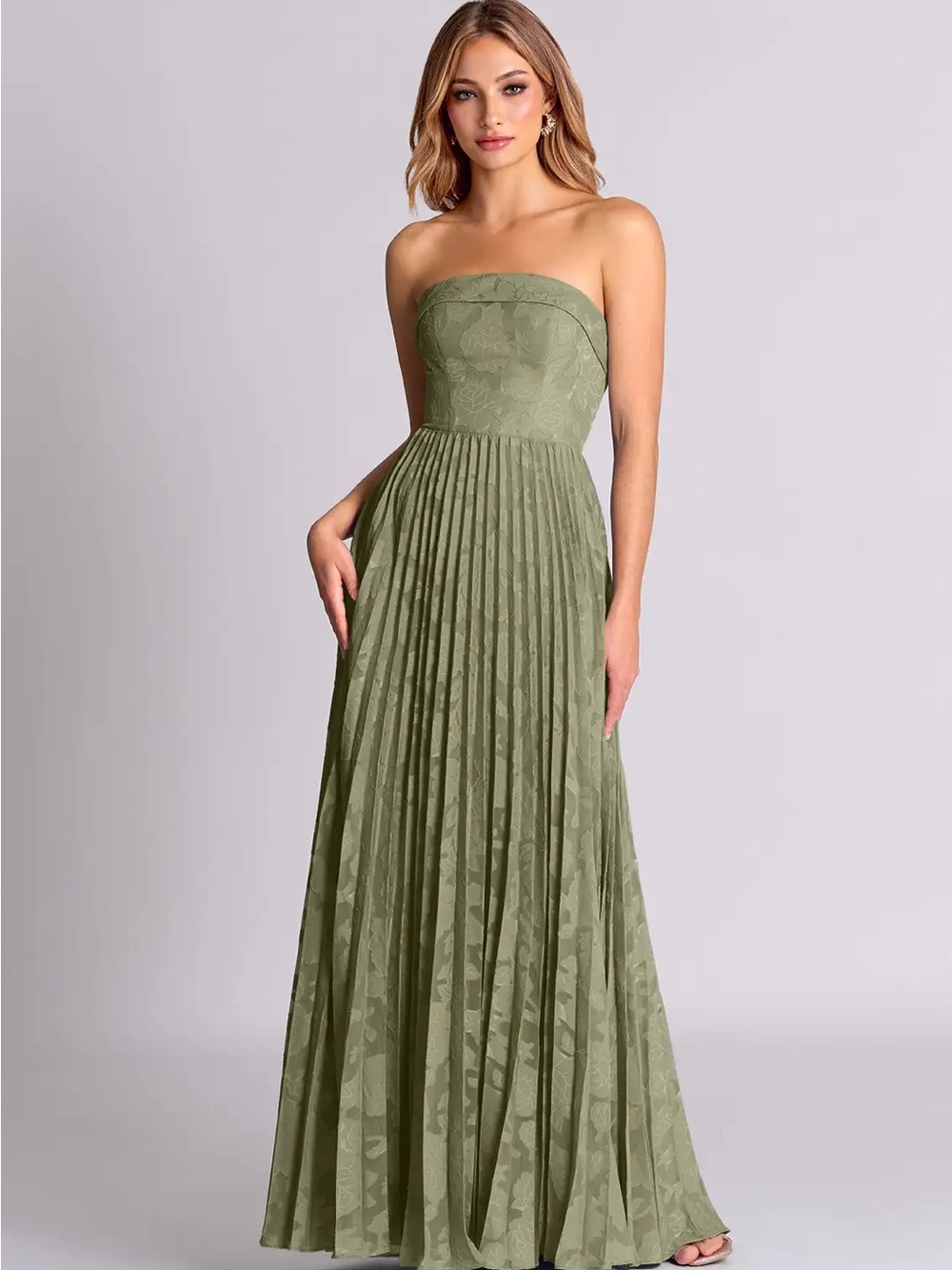 Strapless Olive Green Pleated Evening Dress
